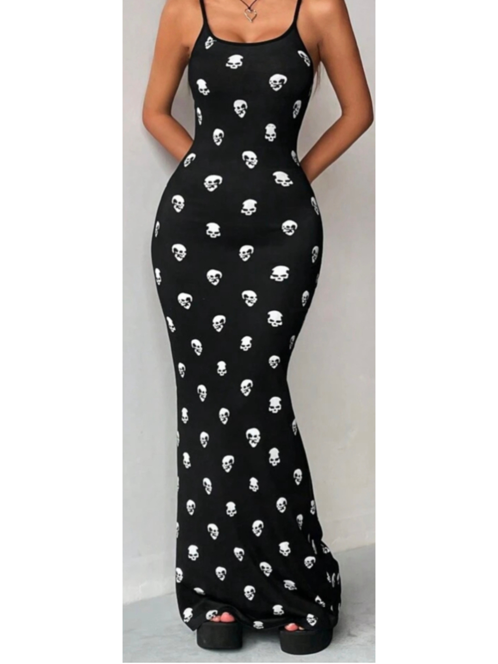 Black Skull Print Maxi Slip Dress Size M Gothic Grunge Y2K Party Clubwear SHEIN